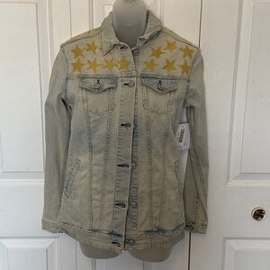 Lularoe Sz XS Jaxon acid washed jean jacket with embroidered stars NWT B2T
